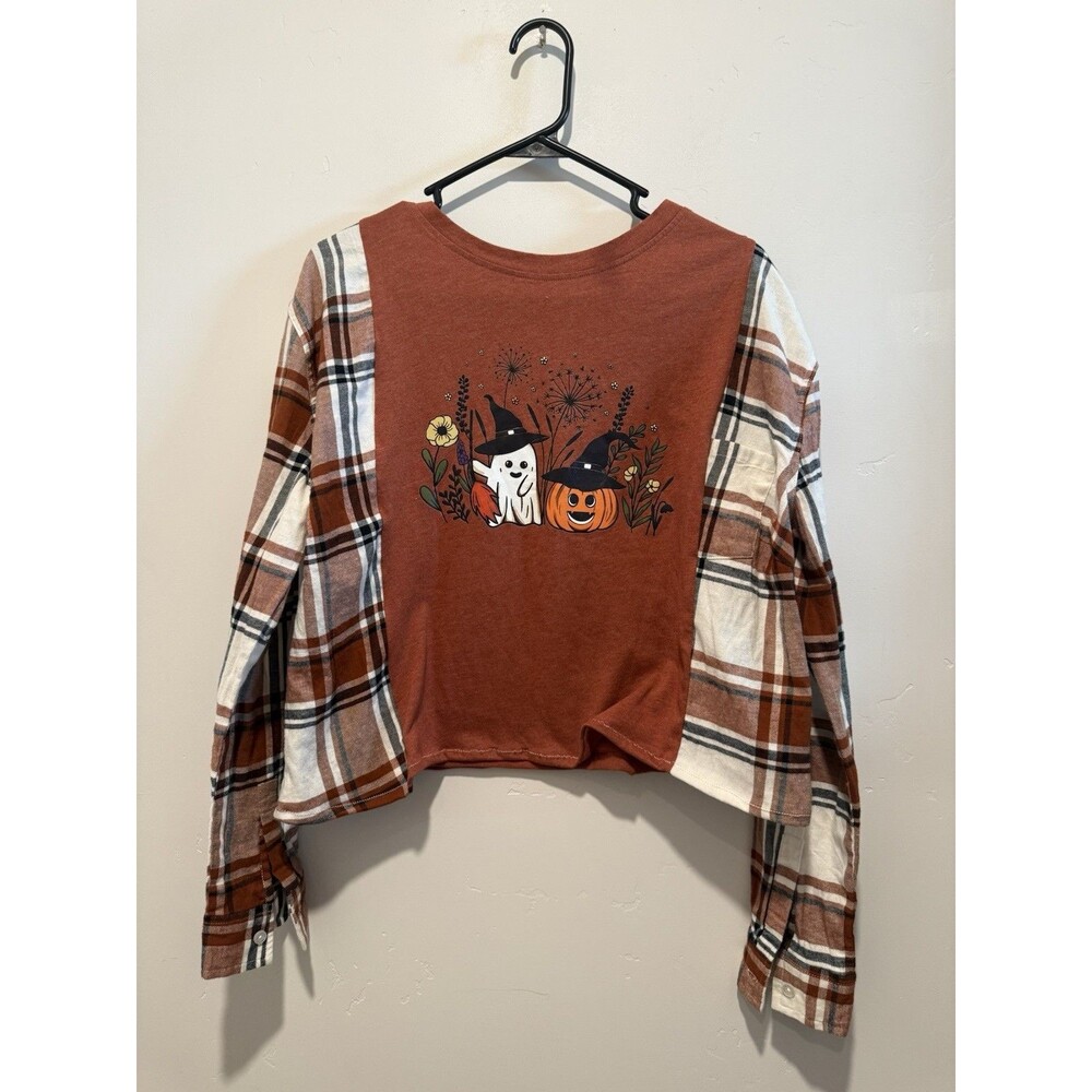 Rework Upcycle Grunge Oversize Cropped Cozy Fall Pumpkin and Ghost Top S/M